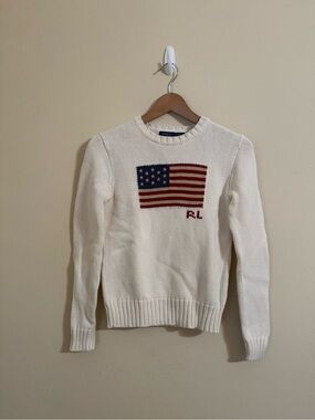 Polo Ralph Lauren American Flag Sweater USA Knit Crewneck Cream Size Small